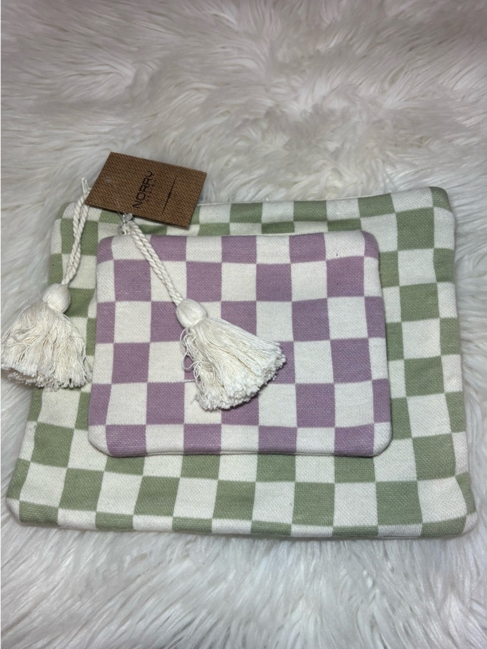 Checkered Cosmetic Pouch Set in Sage Green & Lavender Indian Artisans Unique - Picture 3 of 15